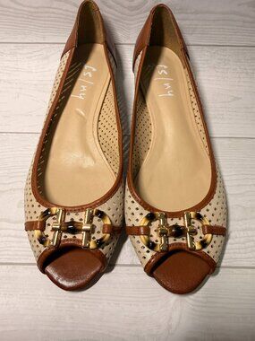 FS/NY Leather Peep Toe Flats Size 10 Cream Brown Tortoise Hardware